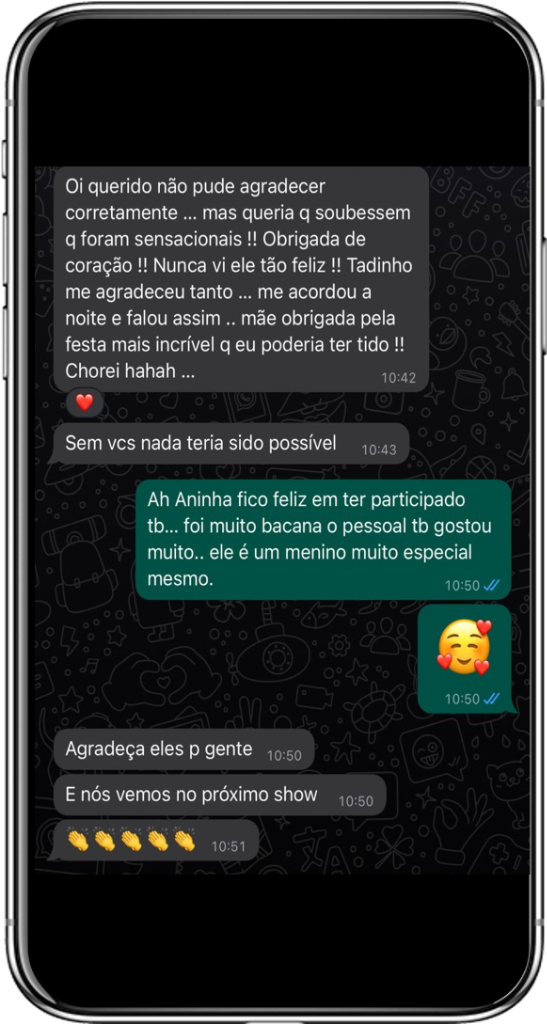 Mensagem no WhatsApp da contratante agradecendo o show da Banda Marquee